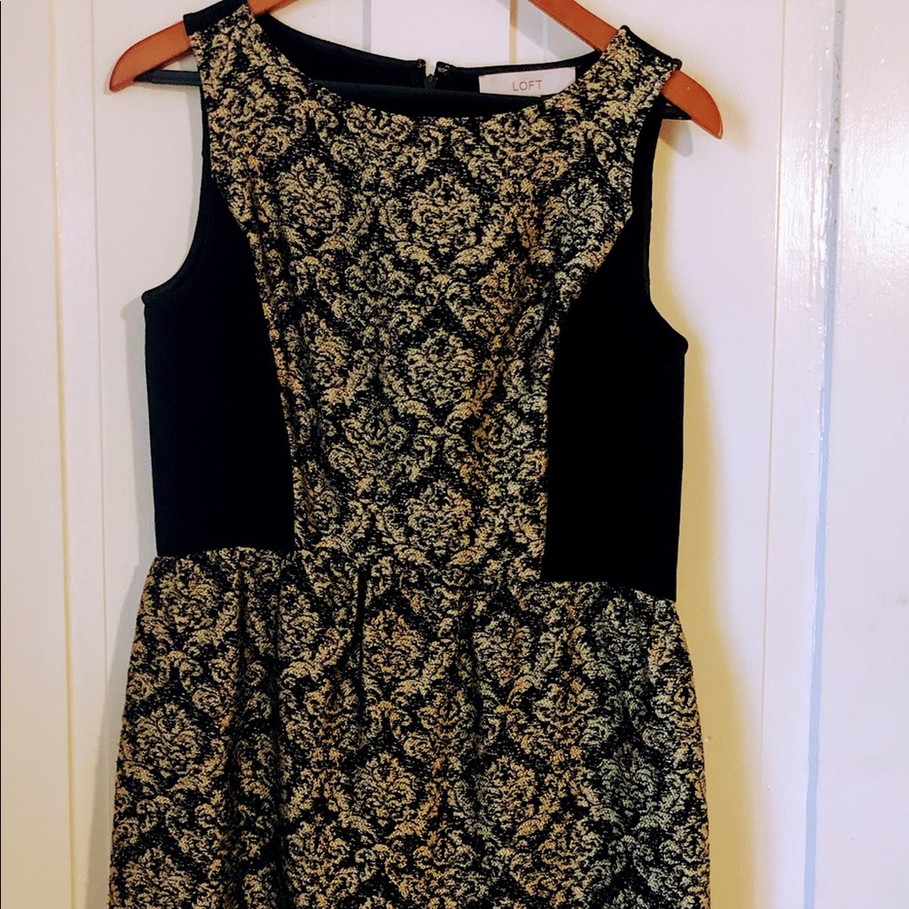 Loft Black and Gold Jacquard Dress